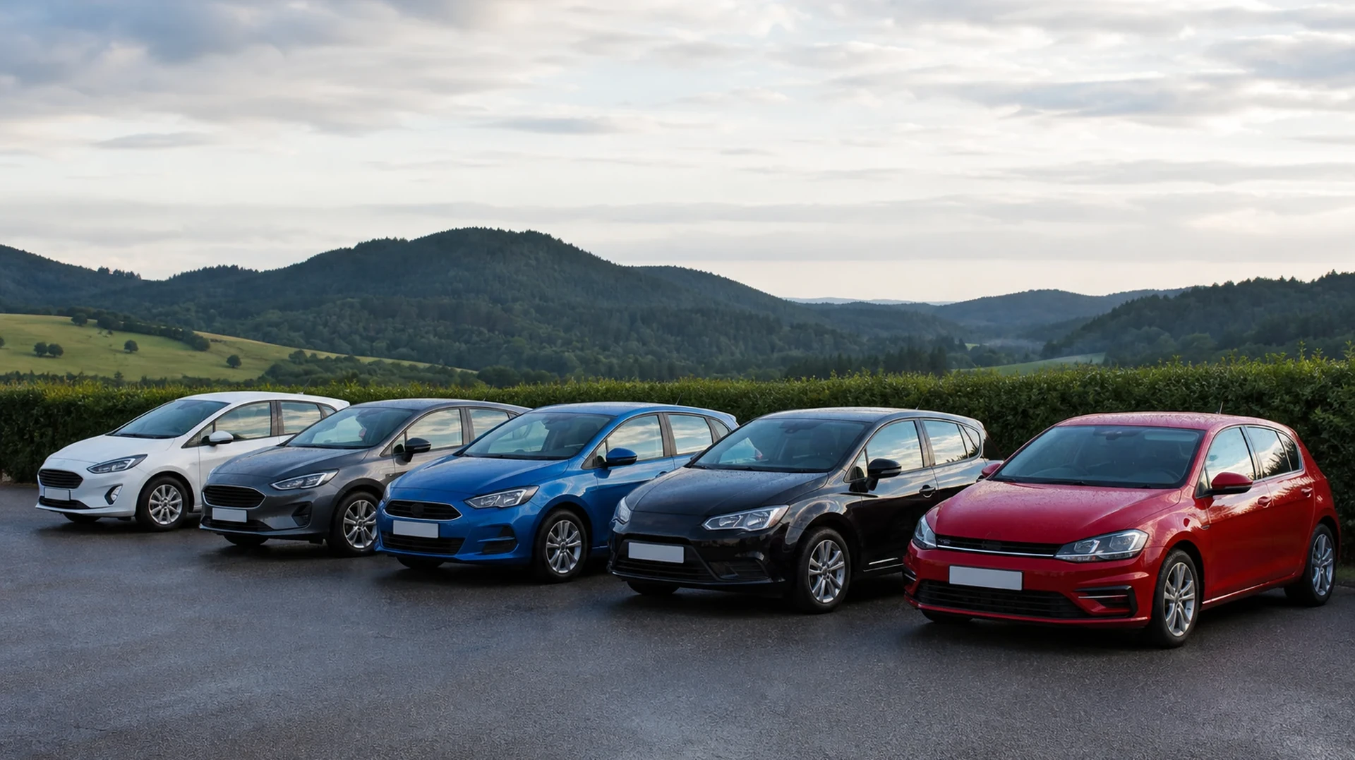 Parc extérieur d'un petit garage automobile avec rangée de 5 à 8 véhicules d'occasion multimarques stationnés sur asphalte, faisant face à l'entrée du garage. Berlines, SUV et utilitaires légers de différentes couleurs et années visibles côte à côte, étiquettes de prix sur les pare-brises, reflet de la façade du garage en arrière-plan.